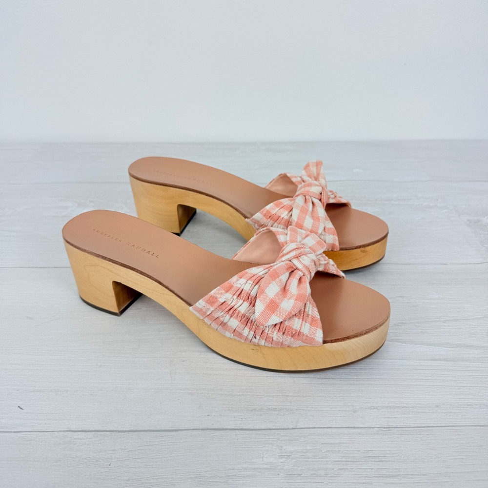 Anthropologie Loeffler Randall Clog Sandals Size 9 Pink Gingham Bow Wooden Heel - Picture 2 of 13